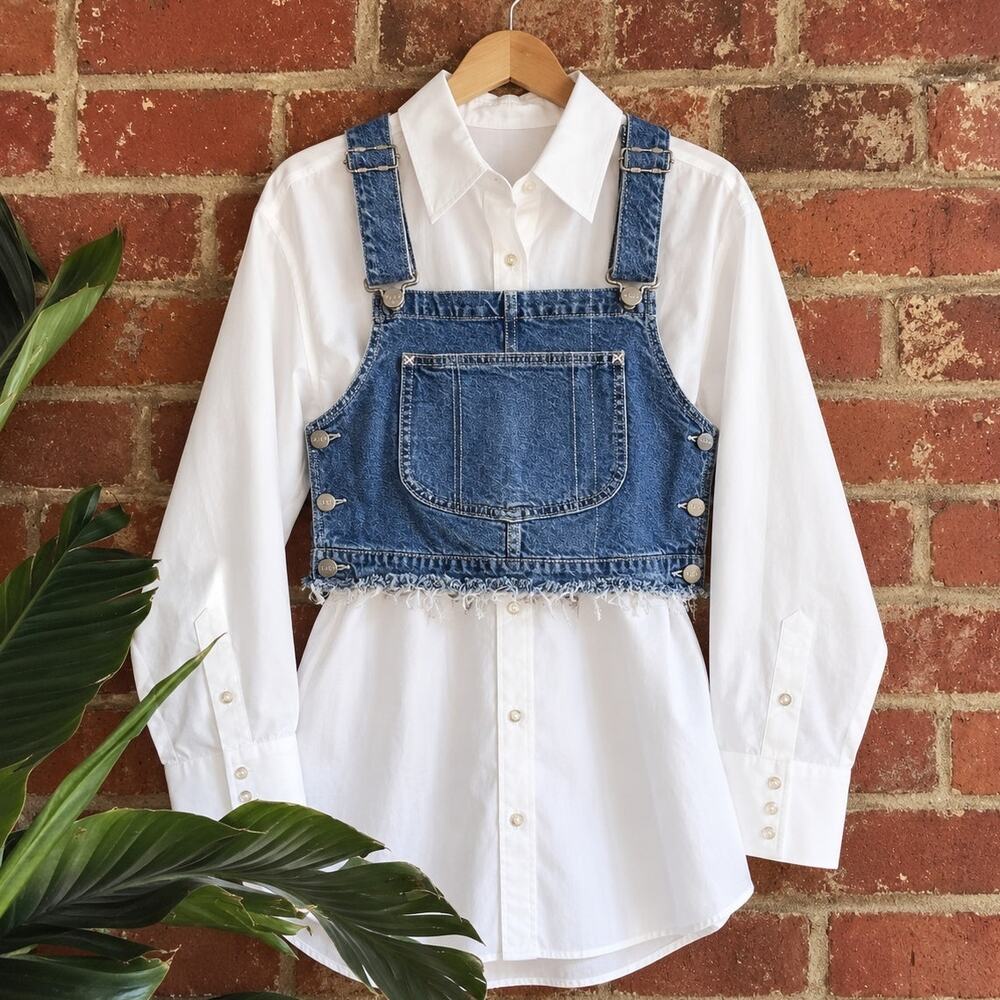 Lee Y2K Blue Denim Cropped Overall Bib Top Raw Frayed Hem Size Small